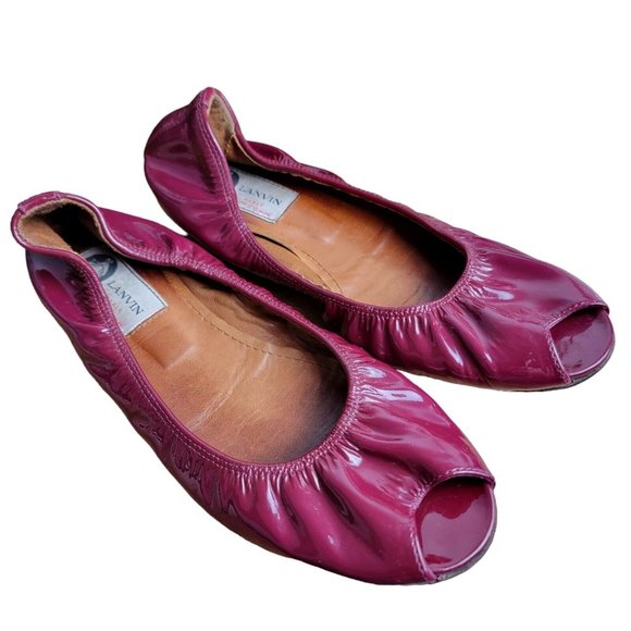 Lanvin Paris Burgandy Patent Leather Slip On Ballet Flats Shoes Size 37 EU 6 US - Picture 1 of 7
